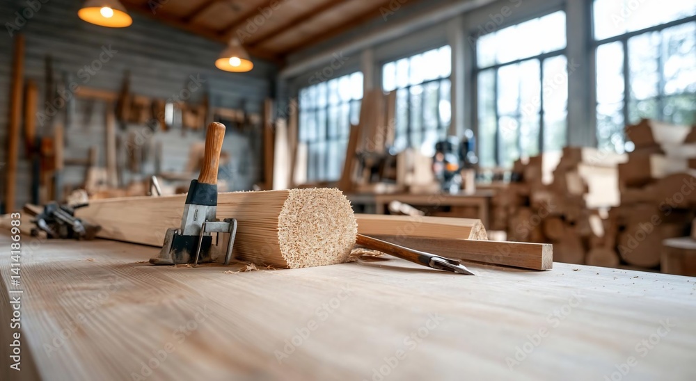 Aufkleber close-up view of a woodworking workshop featuring wooden planks tools and equipment with a blurred b