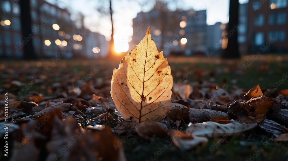 Poster Close-up view of a sunlit leaf with intricate details illuminated against a blurred backdrop of park scenery during golden hour. Fallen leaves and soft bokeh enhance the autumn mood