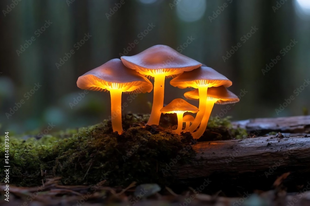 Aufkleber Luminous orange mushrooms in a dark forest setting against a blurred green background glowing with an ethereal light moss covered log