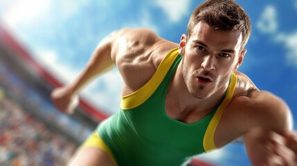 Naklejka premium Focused Male Sprinter Ready to Race in a Stadium