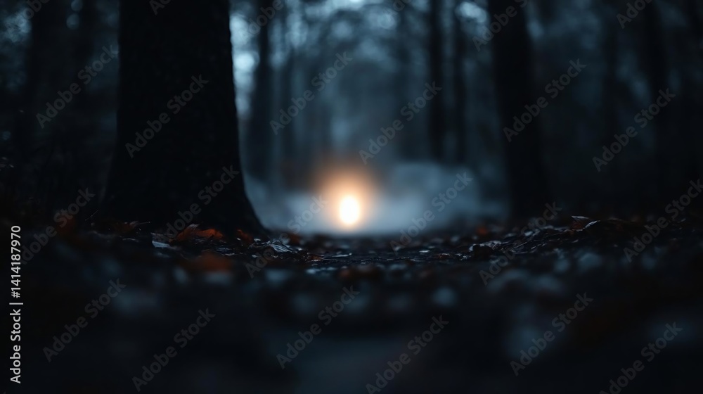 Aufkleber mysterious forest path scene. dark atmosphere. trees and light. moody lighting. dramatic shadows. au