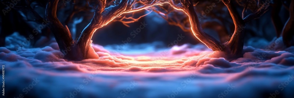 Aufkleber Abstract digital art with a glowing path between surreal trees. The scene uses a gradient of blues and oranges emphasizing depth. Dreamlike atmosphere and textures add interest