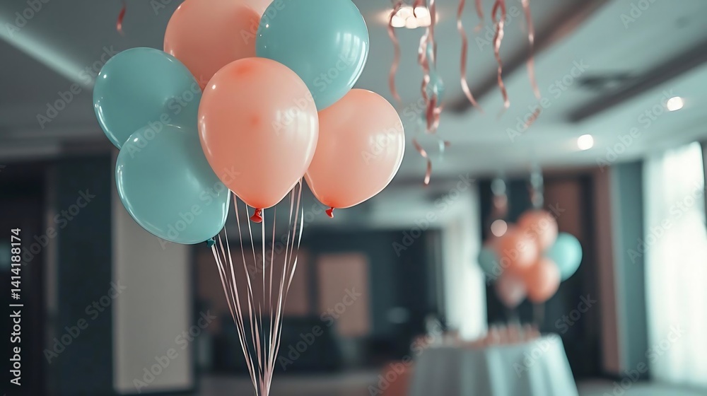 Aufkleber Close up of a cluster of pastel colored balloons in a brightly lit room with ribbon decorations and tables in the blurred background creating a festive atmosphere