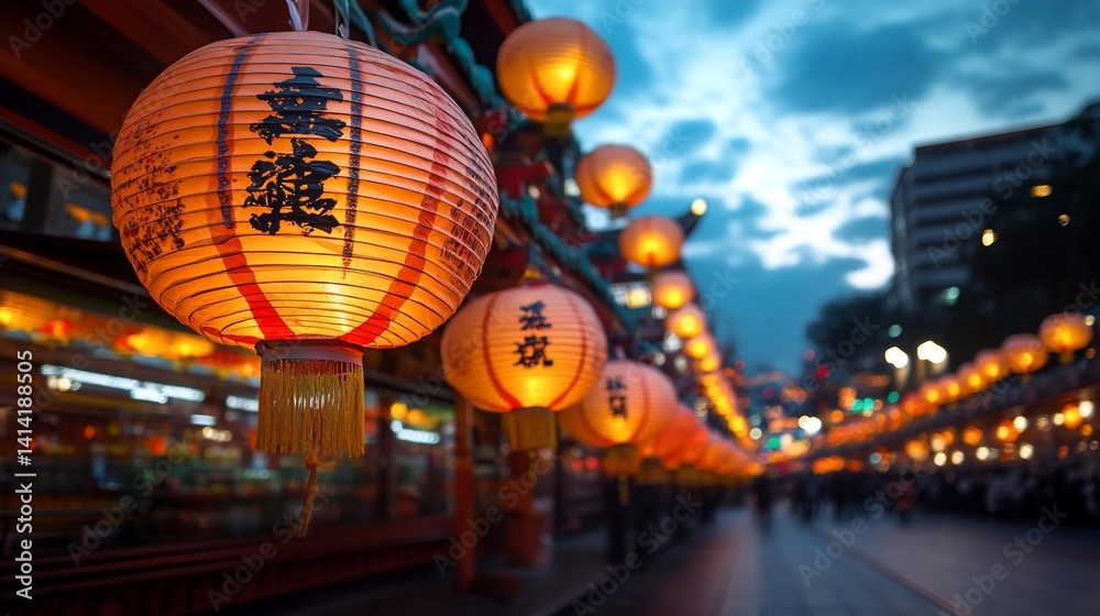 Poster illuminated lanterns strung along a street with blurred figures in the background creating a festive