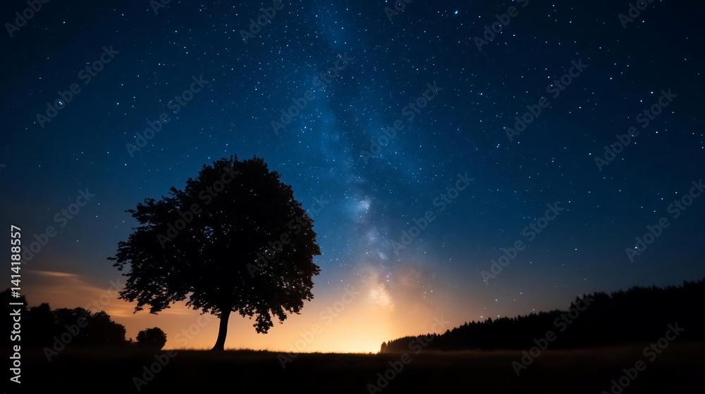 Poster silhouette of a tree under a starry night sky with the milky way visible in the background. illumina