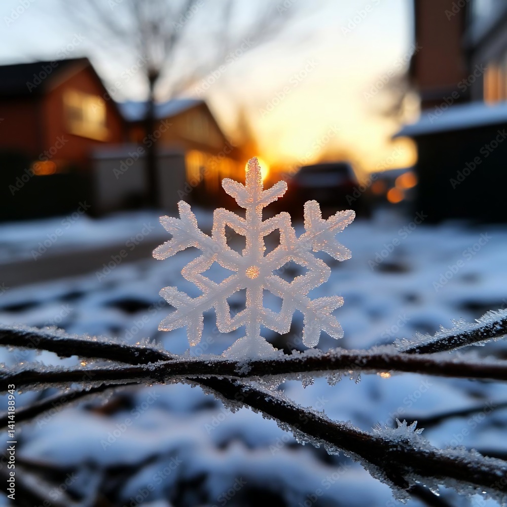 Aufkleber Close up of a snowflake on a branch with a blurred background of a sunset in a winter scene