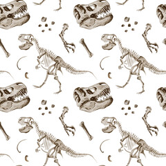 Seamless pattern with dinosaur Rex skeleton. Theranosaurus parts, bones and paws. Jurassic fossils and rocks. Watercolor illustration without background. Hand drawing.