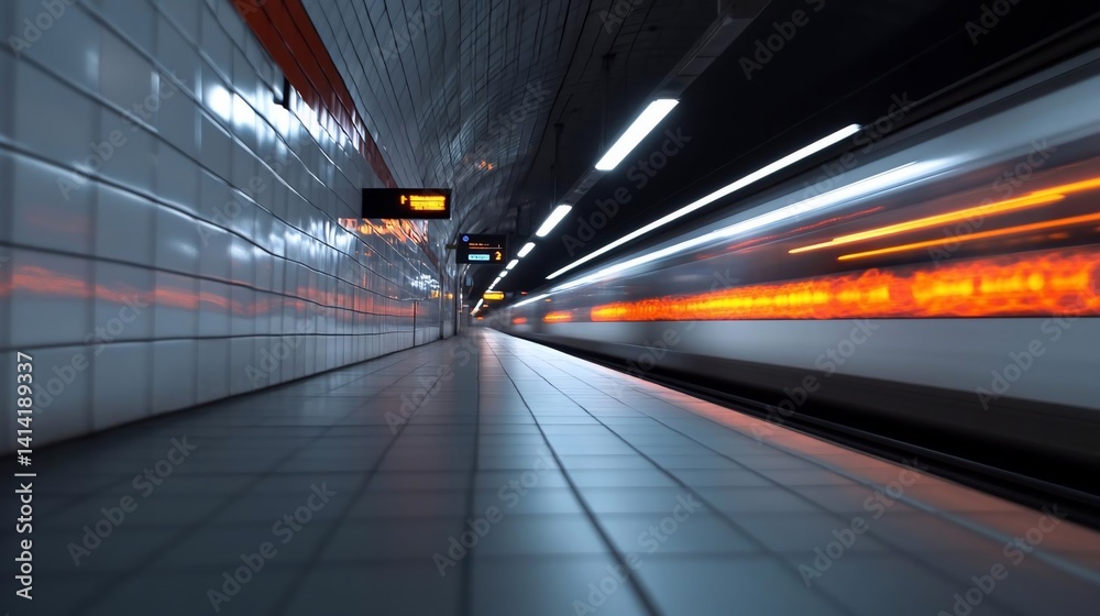 Leinwandbilder Dynamic perspective of a subway platform featuring blurred light trails from a passing train and bright overhead lights. Tiles cover the walls and floor creating geometric patterns