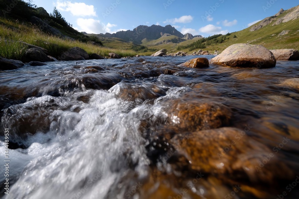 Poster Close-up view of a clear water stream flowing through a rocky terrain with mountains in the background under a bright sky