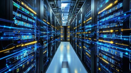 High-tech data center with rows of advanced server racks surrounded by glowing blue and yellow network lines, illustrating fast data processing, big data flow, and modern digital infrastructure in a f
