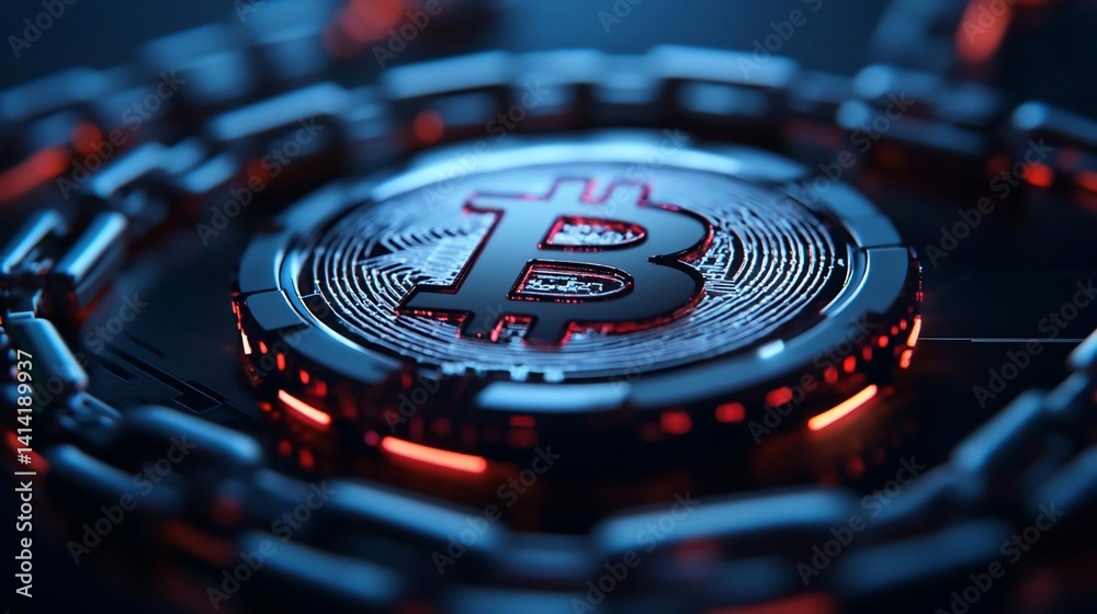 Aufkleber glowing crypto currency coin encircled by a metallic chain with vibrant red and blue illumination an