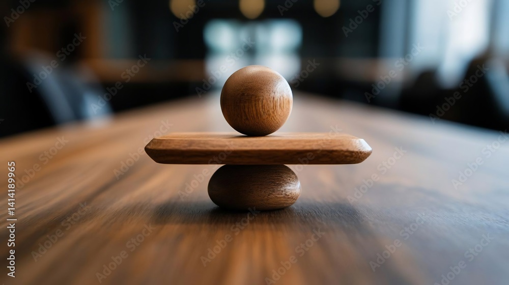 Poster Close-up shot of a wooden balance sculpture with a spherical element balanced on a rectangular base atop a wooden table in a conference room setting. Soft focus creates a serene atmosphere