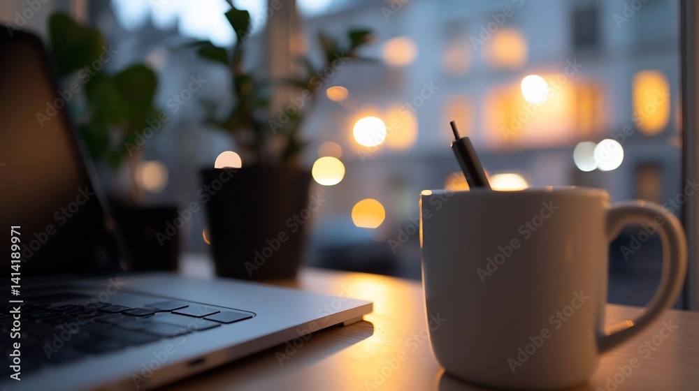 Aufkleber close-up shot of a laptop and a coffee mug on a wooden table near a window with blurred lights creat