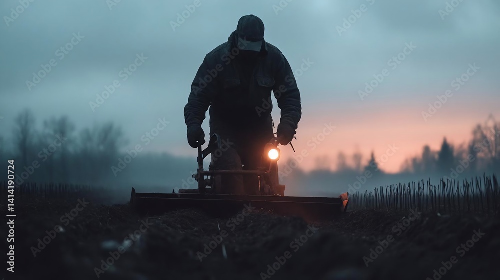 Poster silhouette of worker operating agricultural machinery at dawn or dusk with atmospheric lighting and 