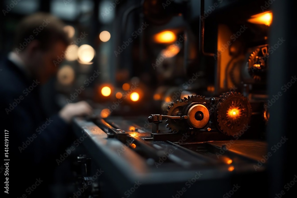 Poster Intricate machinery gears and mechanisms in an industrial setting with a blurred worker and warm lighting