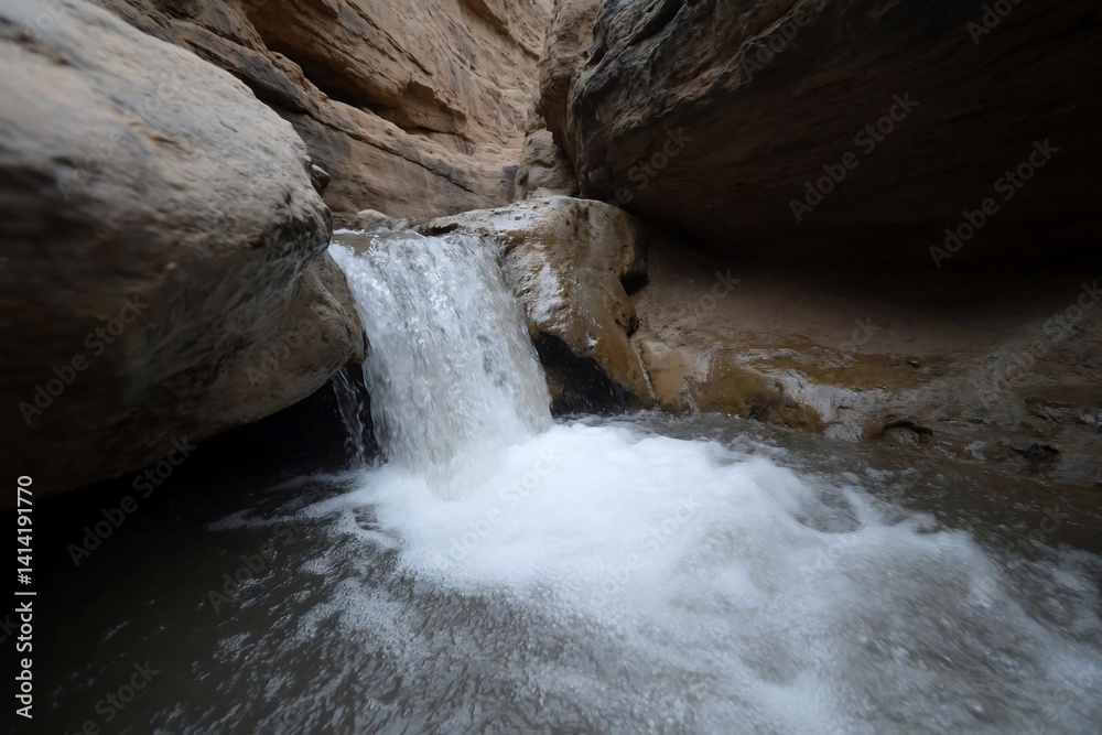 Poster Waterfall cascading into a natural pool within a canyon. The image captures the movement of water with a focus on texture and geological formations