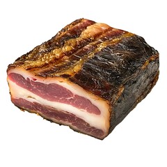 Block of smoked bacon showing fat marbling and spice crust on the surface with a rustic meaty texture placed on a transparent background