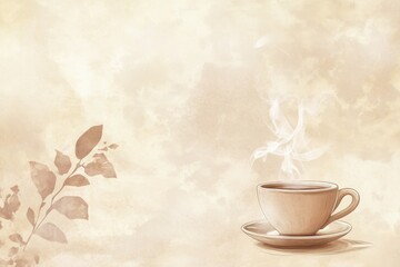Vintage Coffee Cup Illustration Steam Beige Background Floral Design Hot Art Warm Cozy Drink Brown  