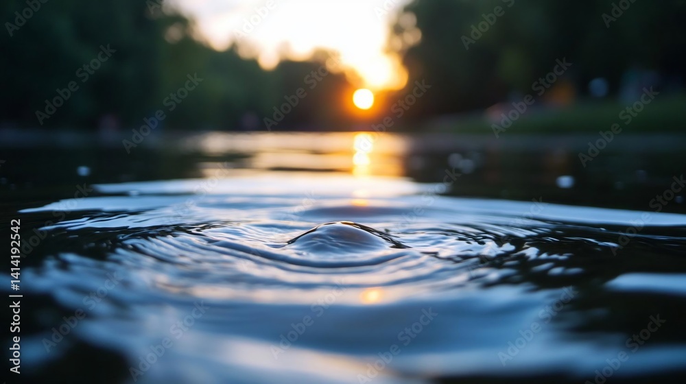 Leinwandbilder Close up of water surface with ripples and bubble foreground with sunset reflecting in background a natural landscape with bokeh effect