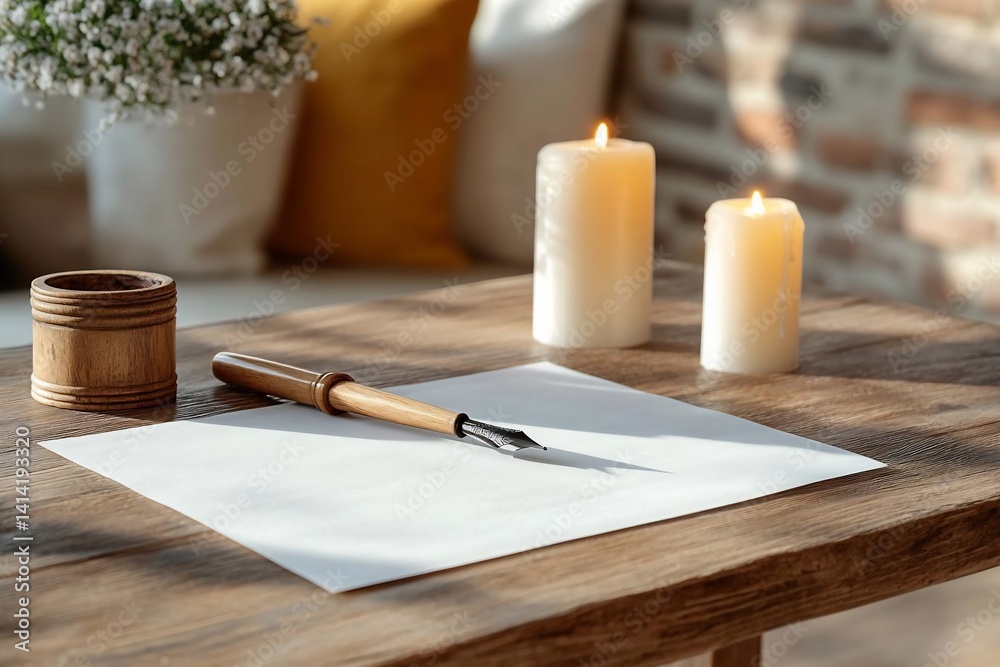 Poster Close-up view of a wooden table with burning candles a pen and blank paper with flowers in the background creating a warm atmosphere