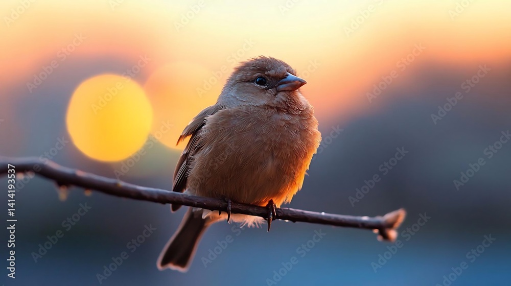 Poster Close up shot of a small bird with brown feathers perched on a twig against a blurred bokeh background during a golden hour. The bird has water droplets and a striking orange and yellow light