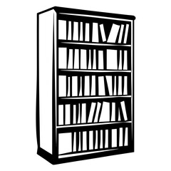 Black and white bookshelf illustration with many books arranged on shelves