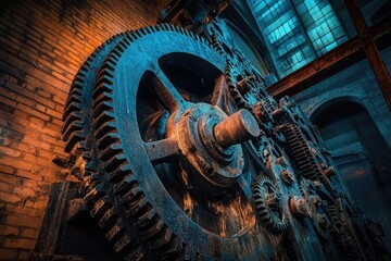 Massive rusty gears, intricate machinery, industrial setting, brick wall backdrop.