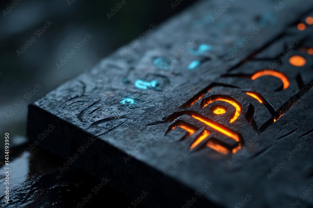 Aufkleber close up view of an ancient stone tablet illuminated with glowing orange and blue light carvings in 