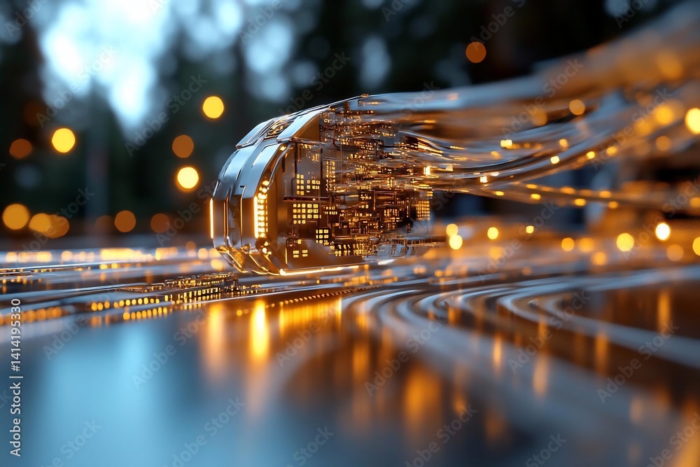 Poster Abstract digital representation of interconnected data streams illuminated with orange and yellow lights. The image features glowing pathways and a blurred background suggesting a technological or