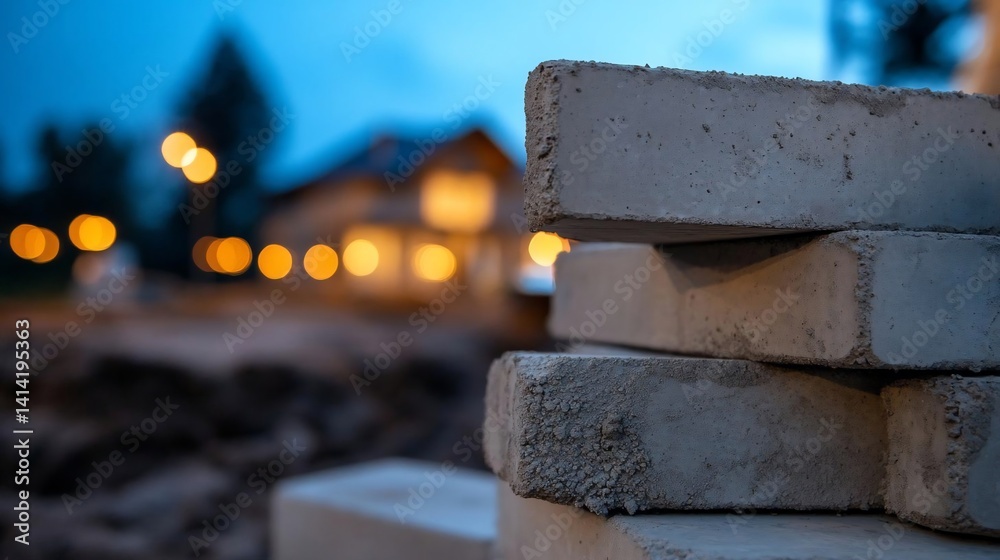 Poster Close-up of concrete bricks stacked against a blurred backdrop featuring a structure under construction and bokeh lights. The cool color palette creates a moody and building environment