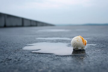 Obraz premium Melting Ice Cream on Concrete A dropped scoop of bright ice cream melting slowly under a dull sky, evoking quiet loss.