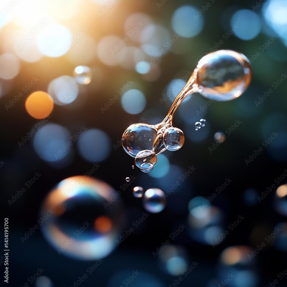 Poster Close-up shot of transparent soap bubbles floating against a blurred background with sunlight creating bokeh effects. The bubbles have spherical shapes and reflect light