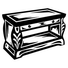 Monochrome image shows a ornate antique nightstand style table with floral details