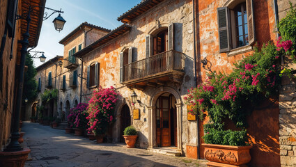 Fototapeta premium A charming Italian village street scene with aged buildings and colorful flowers under sunlight.