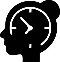 A profile view of a person's head with an analog clock inside, symbolizing time management.