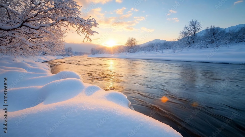 Aufkleber winter landscape featuring a snowy river reflecting the sunrise with frosted trees under a bright sk