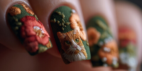 Close-up of embroidered cat and floral nail art, showcasing intricate detail and texture. Green, orange, and red threads create a charming design, ideal for beauty or fashion blogs