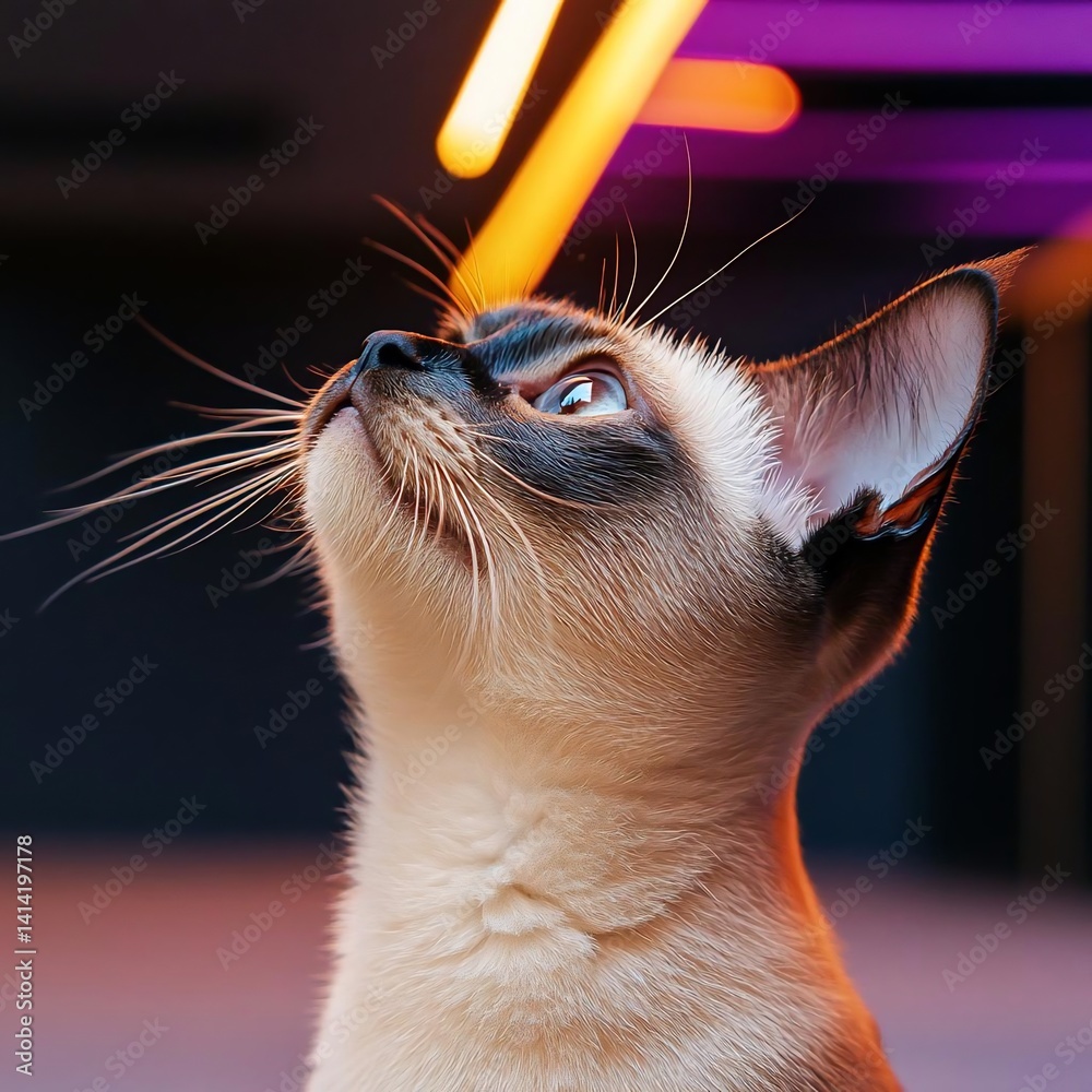 Poster A domestic cat gazes upward illuminated by vibrant neon lights creating a dynamic and captivating visual. The scene is bathed in a gradient of colors with a shallow depth of field