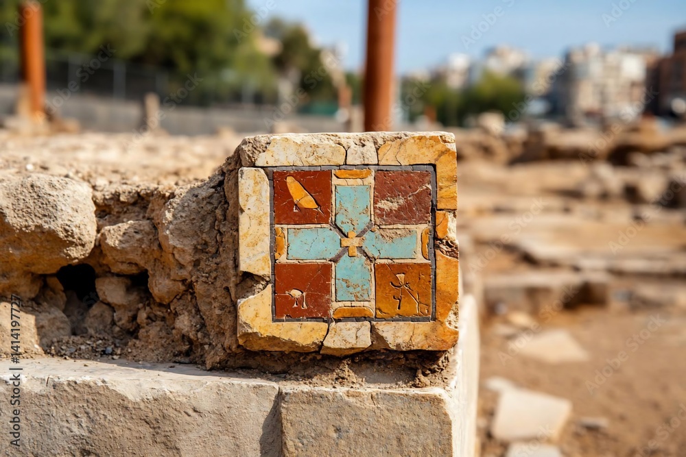 Poster Close up of a decorative tile featuring a cross design in a stone structure outdoors with a blurred background