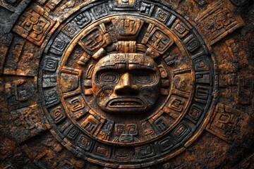 Obraz premium Ancient weathered stone carving depicting a Mayan sun god face surrounded by intricate glyphs.
