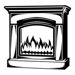 Stylized Black and White Fireplace Illustration Featuring Flames and Logs