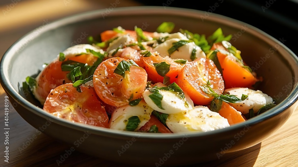 Poster a vibrant salad of halved red tomatoes mozzarella cheese and fresh green herbs in a grey bowl illumi