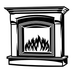 Black and white illustration of a fireplace with roaring flames inside