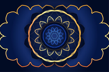 Intricate symmetrical pattern with Middle Eastern inspired blue and gold motifs

