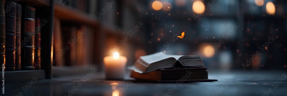 Poster A dimly lit scene features an open book illuminated by a candle with bokeh effects in the background. The warm light creates a cozy atmosphere with hints of an old library