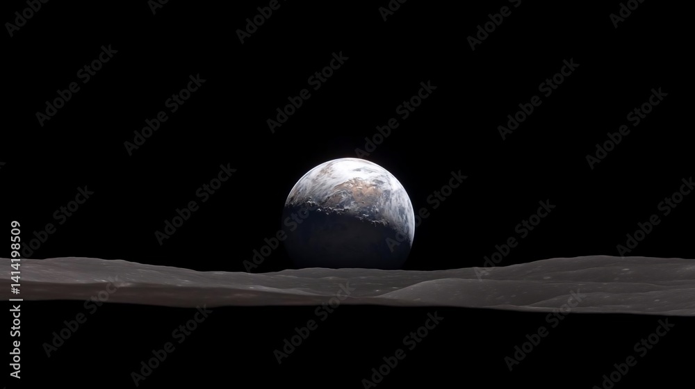 Poster Distant view of a celestial body against a black expanse illuminated by an ethereal glow casting shadows on a textured surface below