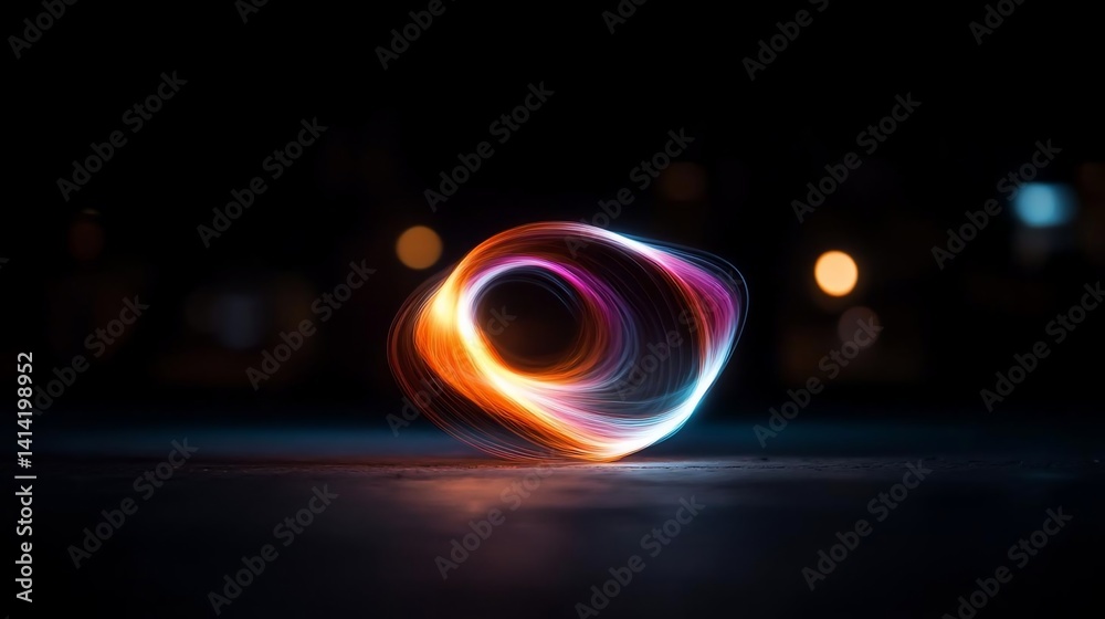 Poster Abstract light trails forming a glowing orb against a dark background with bokeh lights creating a dynamic visual effect