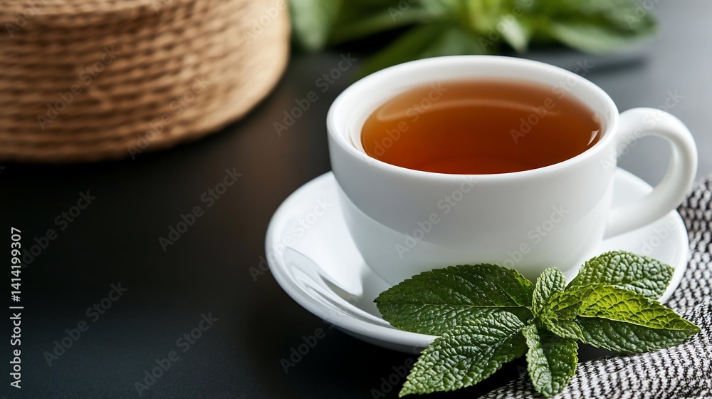 Poster close-up of a white teacup filled with tea on a saucer alongside fresh mint leaves a wicker basket i