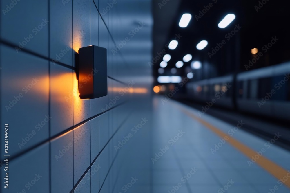 Poster Close-up shot of a illuminated emergency button in a train station the button glows orange next to a train, with a tiled wall in the background, a yellow line, and a blurred background