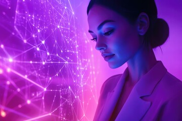 Woman examining a vibrant, interconnected network visualized on a digital display, showcasing futuristic technology.